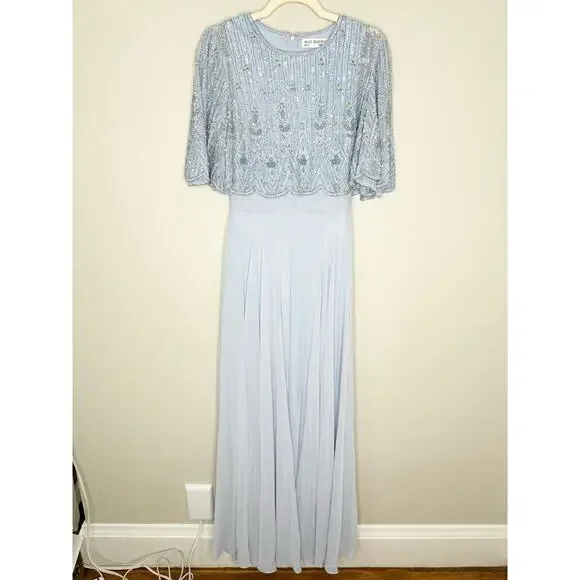 sachin and babi light blue dress Mac Duggal 9181 Powder Blue Chiffon Gown w/ Fully Beaded 3/4 Sleeve Top 4  $598